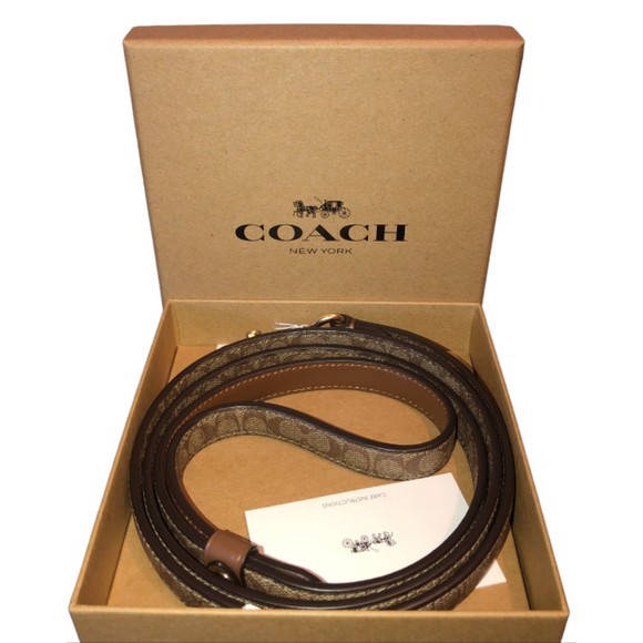COACH Small Pet Dog Leash Signature Crossgrain Leather F26176 Khaki Saddle NIB